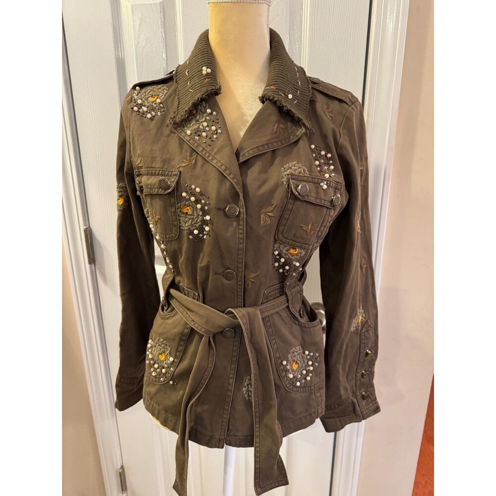 Sugar Lips Embellished Military Jacket Olive Green Floral Beaded Belted Size L